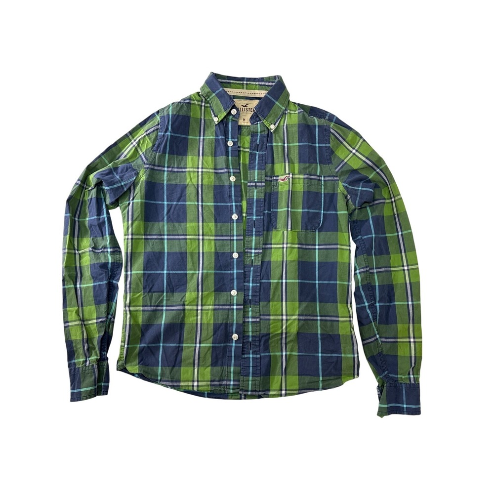 Hollister Mens Plaid Button Down Shirt Green Navy Blue Long Sleeve Size M‎